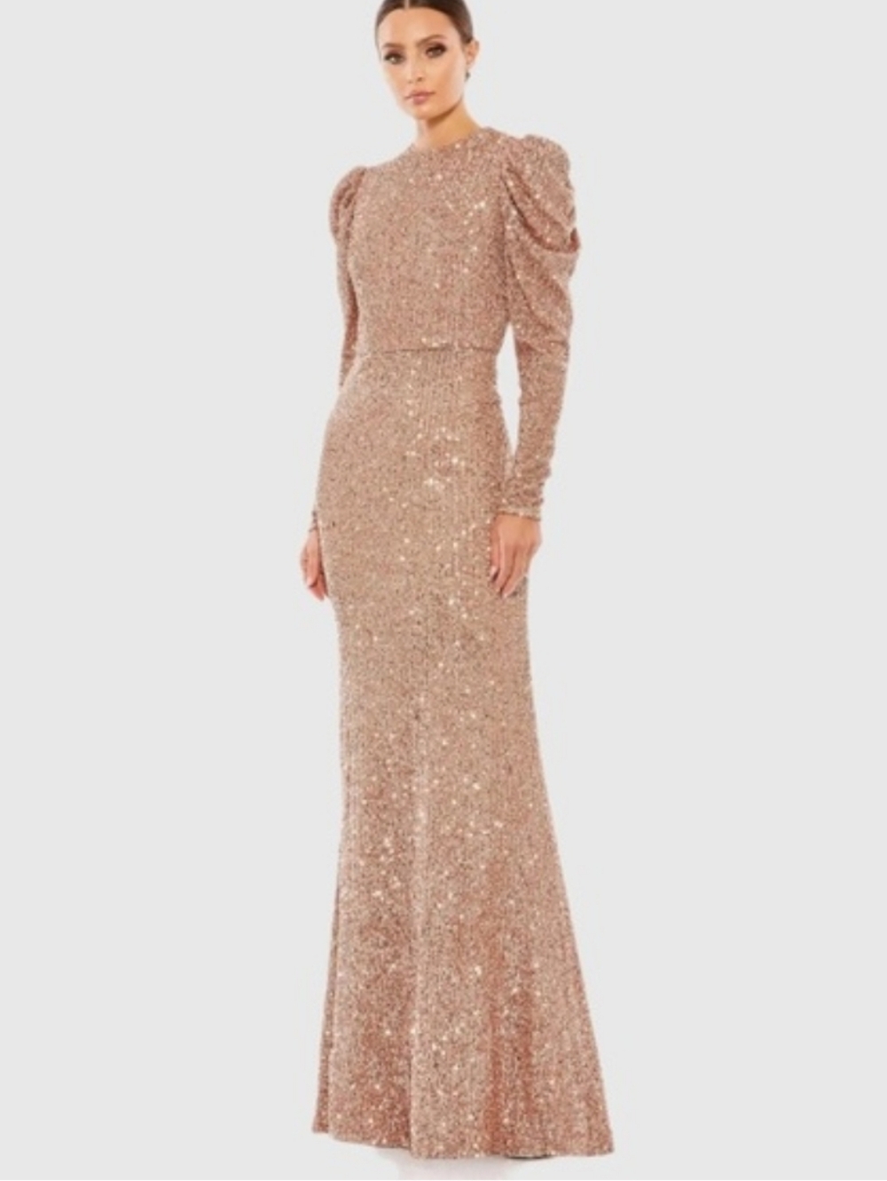 Mac Duggal 26692 Copper Sequin High Neck Puff Long Sleeve Column Gown New